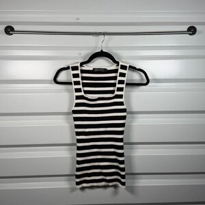 Merokeety Womens Black White Striped Ribbed Knit Square Neck Tank Top Size L